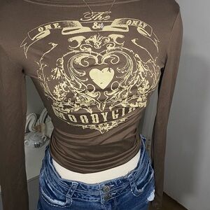 SHEIN Brown Graphic Long Sleeve Bodysuit